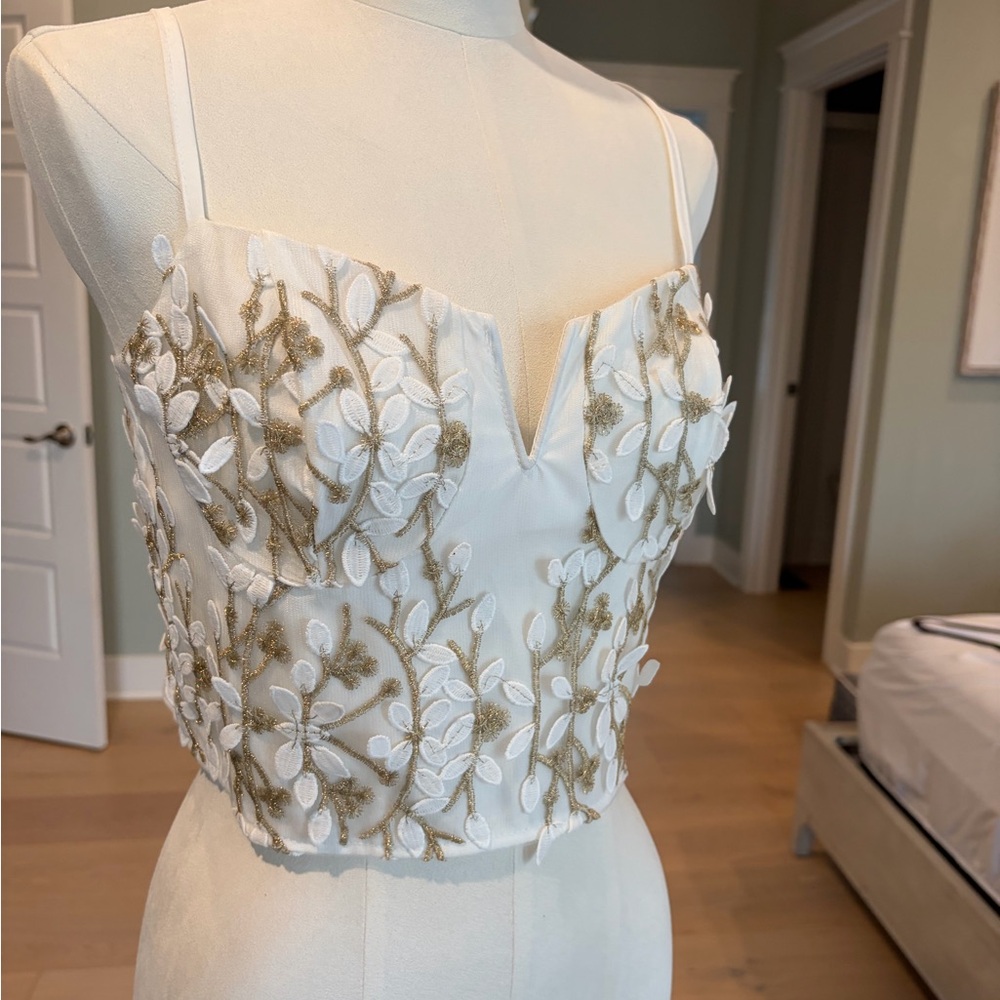 Elegant White and Gold Embroidered Women's Top